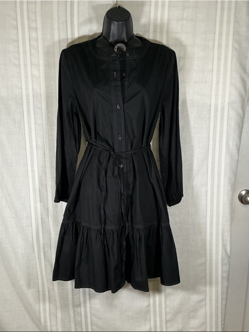 BeachLunchLounge Black LongSleeve Button Front Tiered Dress Waist Tie Medium NWT